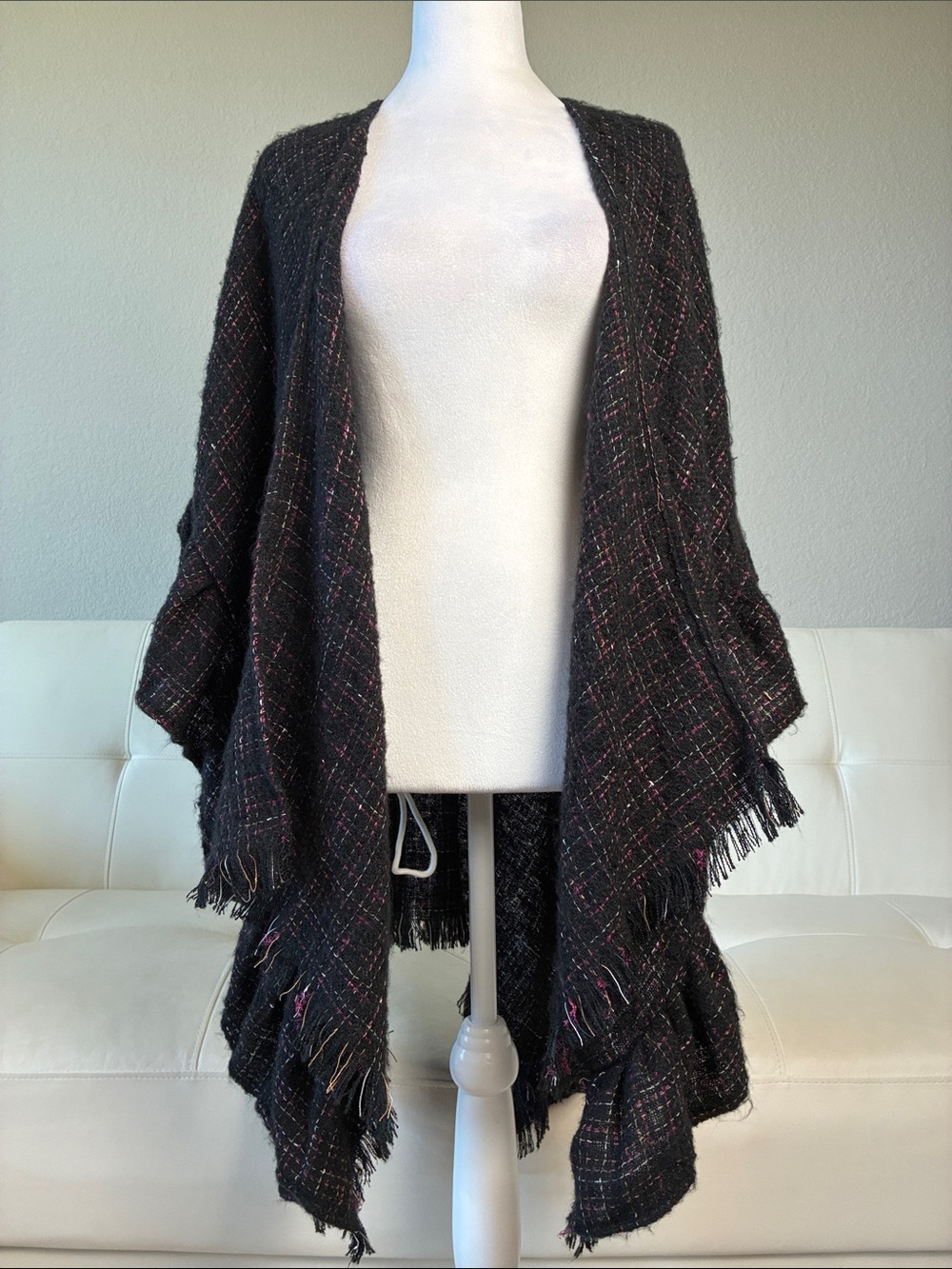 Anne Klein Black Knit Open-Front Fringe Poncho with Pink Flecks